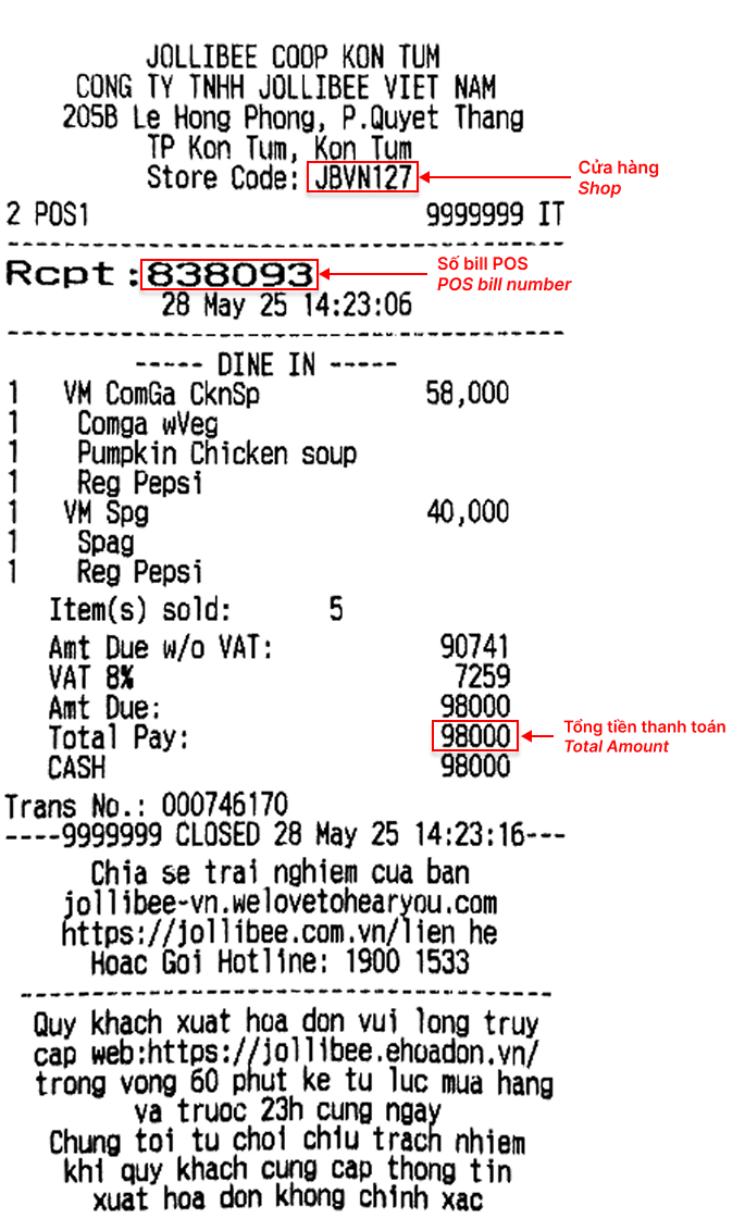 Dịch vụ hóa đơn điện tử Jollibee